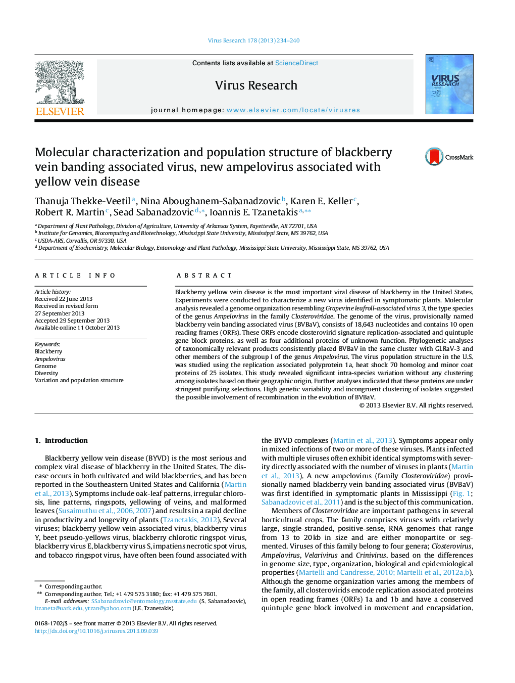 Molecular characterization and population structure of blackberry vein banding associated virus, new ampelovirus associated with yellow vein disease