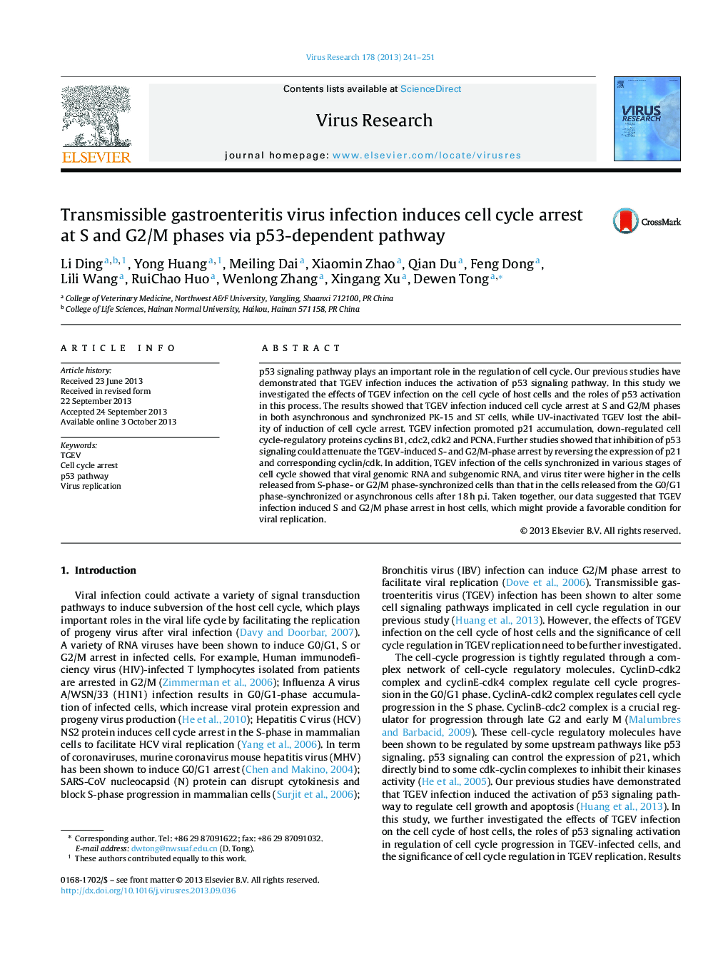 Transmissible gastroenteritis virus infection induces cell cycle arrest at S and G2/M phases via p53-dependent pathway