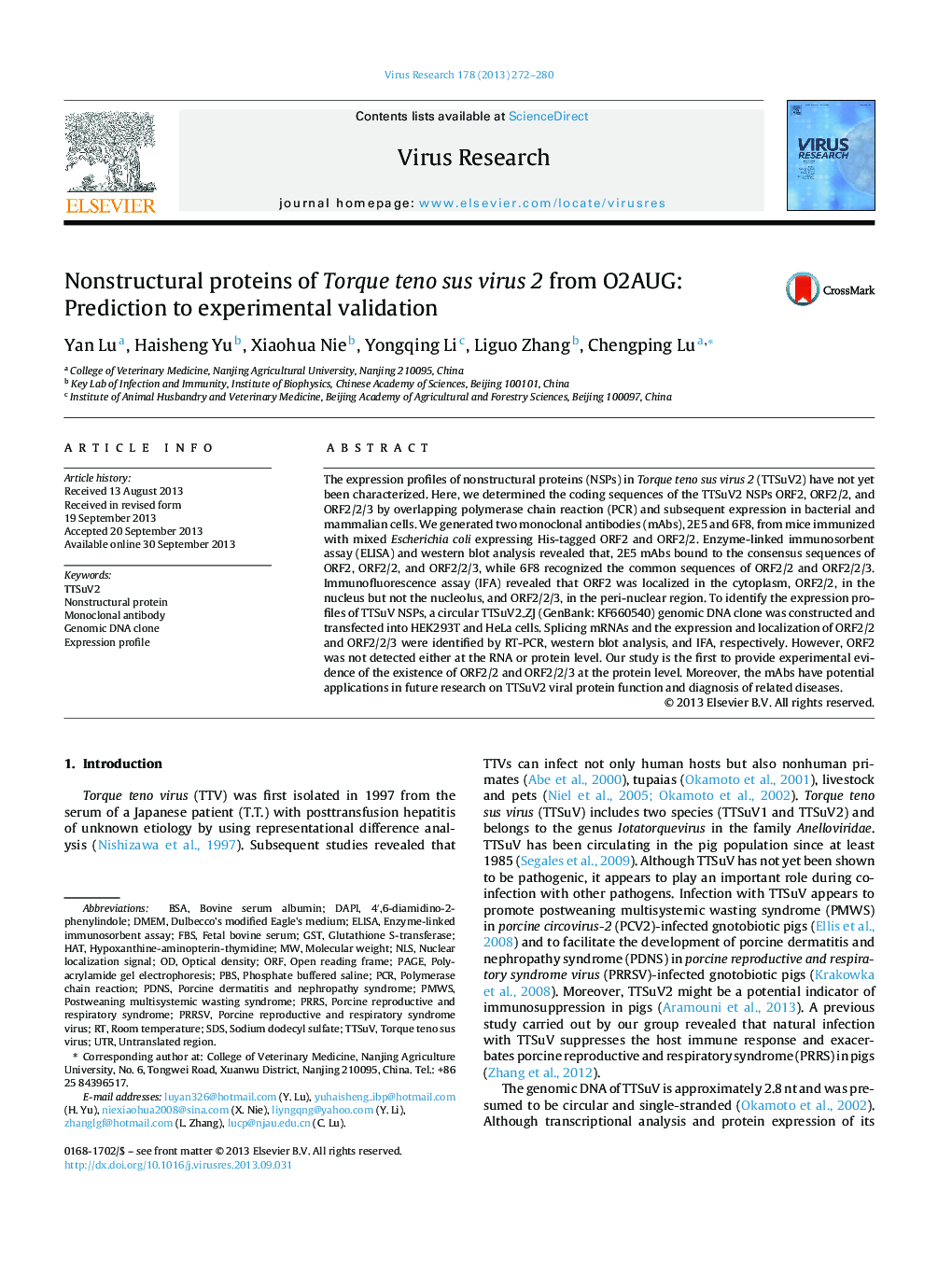 Nonstructural proteins of Torque teno sus virus 2 from O2AUG: Prediction to experimental validation