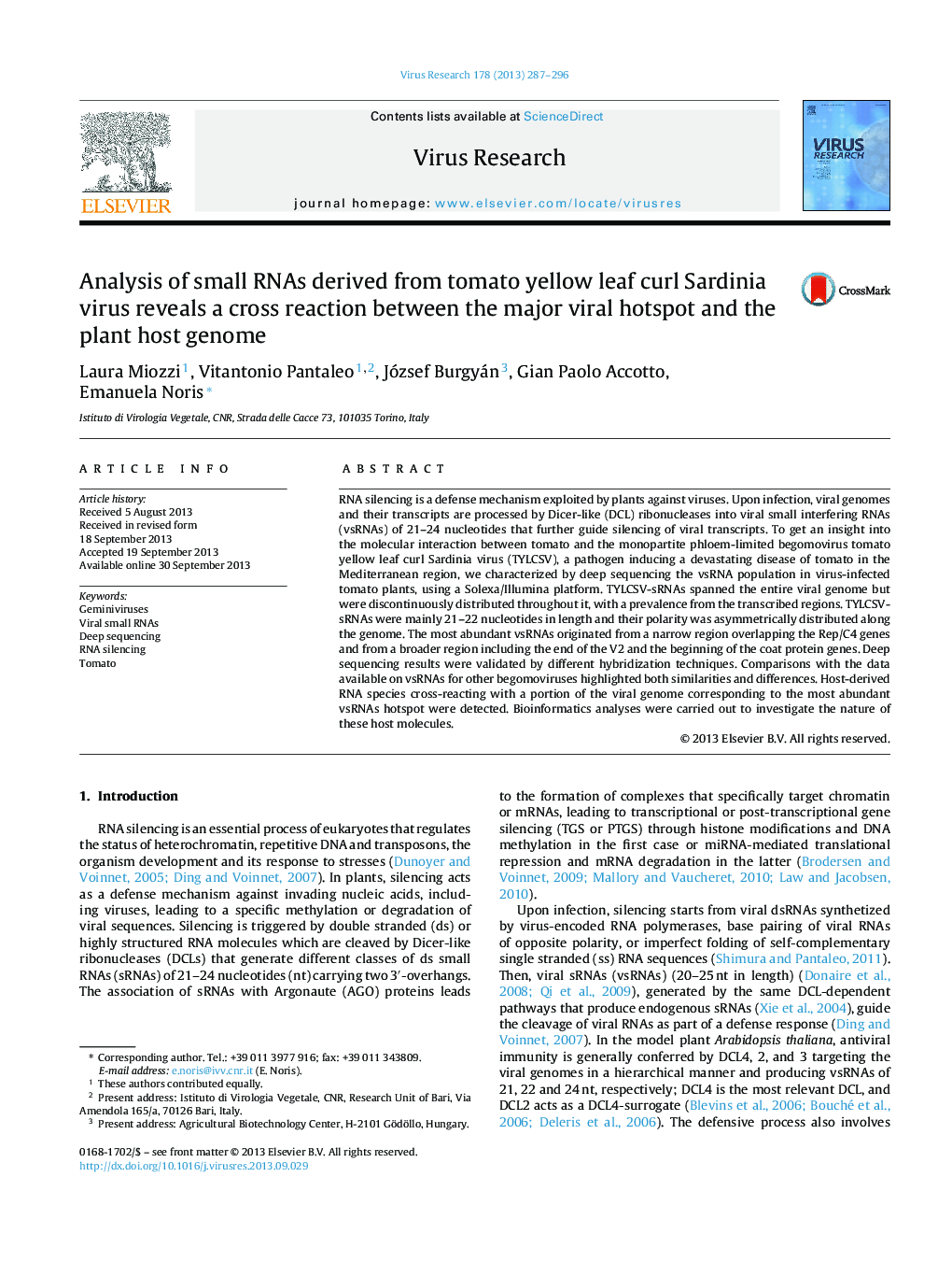 Analysis of small RNAs derived from tomato yellow leaf curl Sardinia virus reveals a cross reaction between the major viral hotspot and the plant host genome