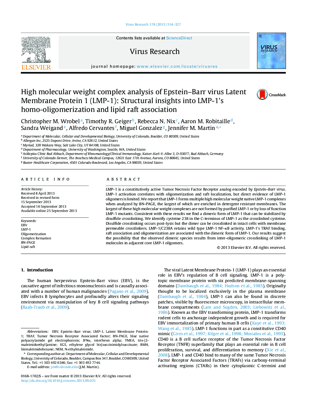 High molecular weight complex analysis of Epstein-Barr virus Latent Membrane Protein 1 (LMP-1): Structural insights into LMP-1's homo-oligomerization and lipid raft association