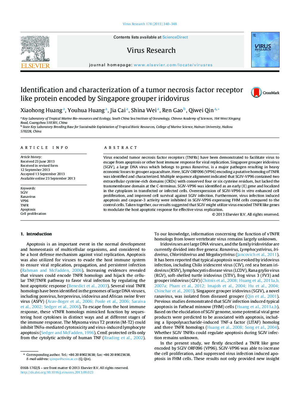 Identification and characterization of a tumor necrosis factor receptor like protein encoded by Singapore grouper iridovirus