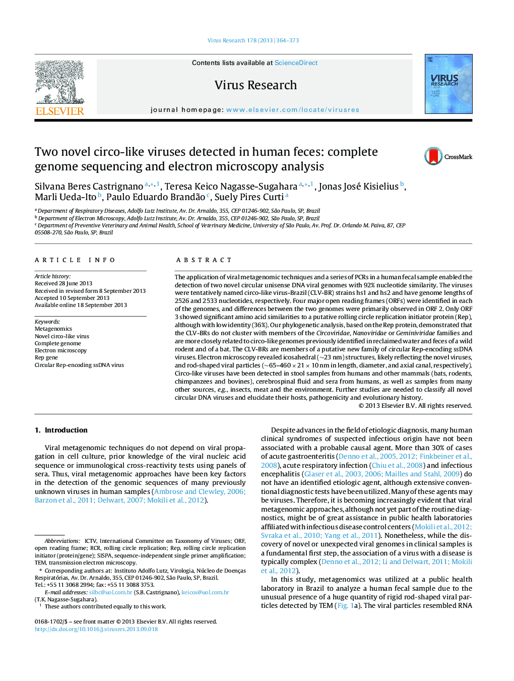 Two novel circo-like viruses detected in human feces: complete genome sequencing and electron microscopy analysis