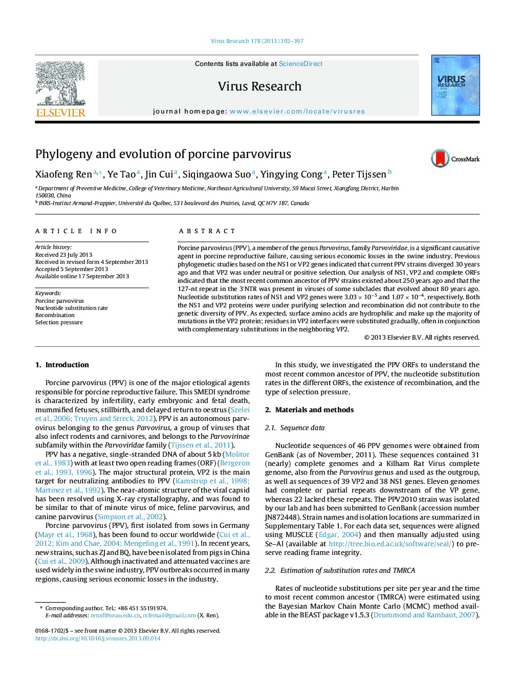 Phylogeny and evolution of porcine parvovirus