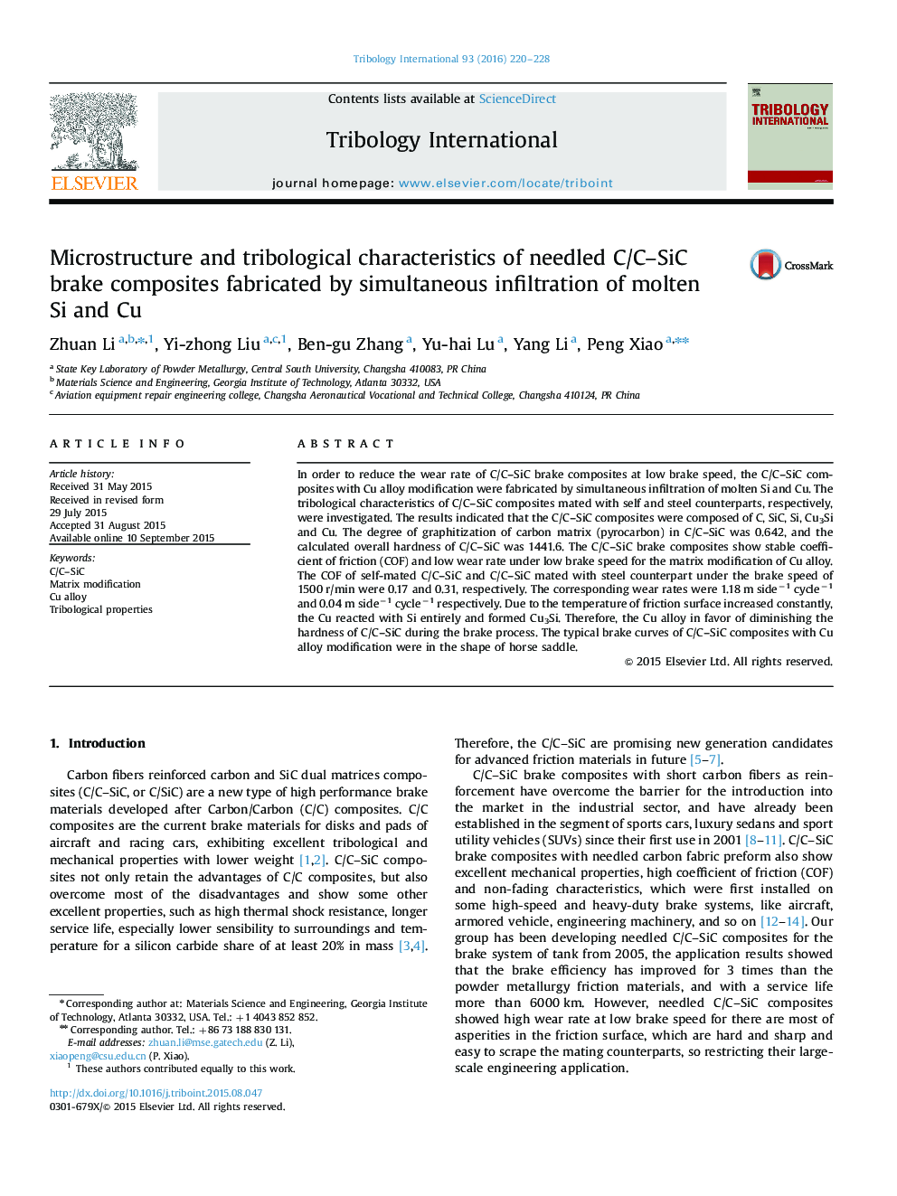 Microstructure and tribological characteristics of needled C/C–SiC brake composites fabricated by simultaneous infiltration of molten Si and Cu