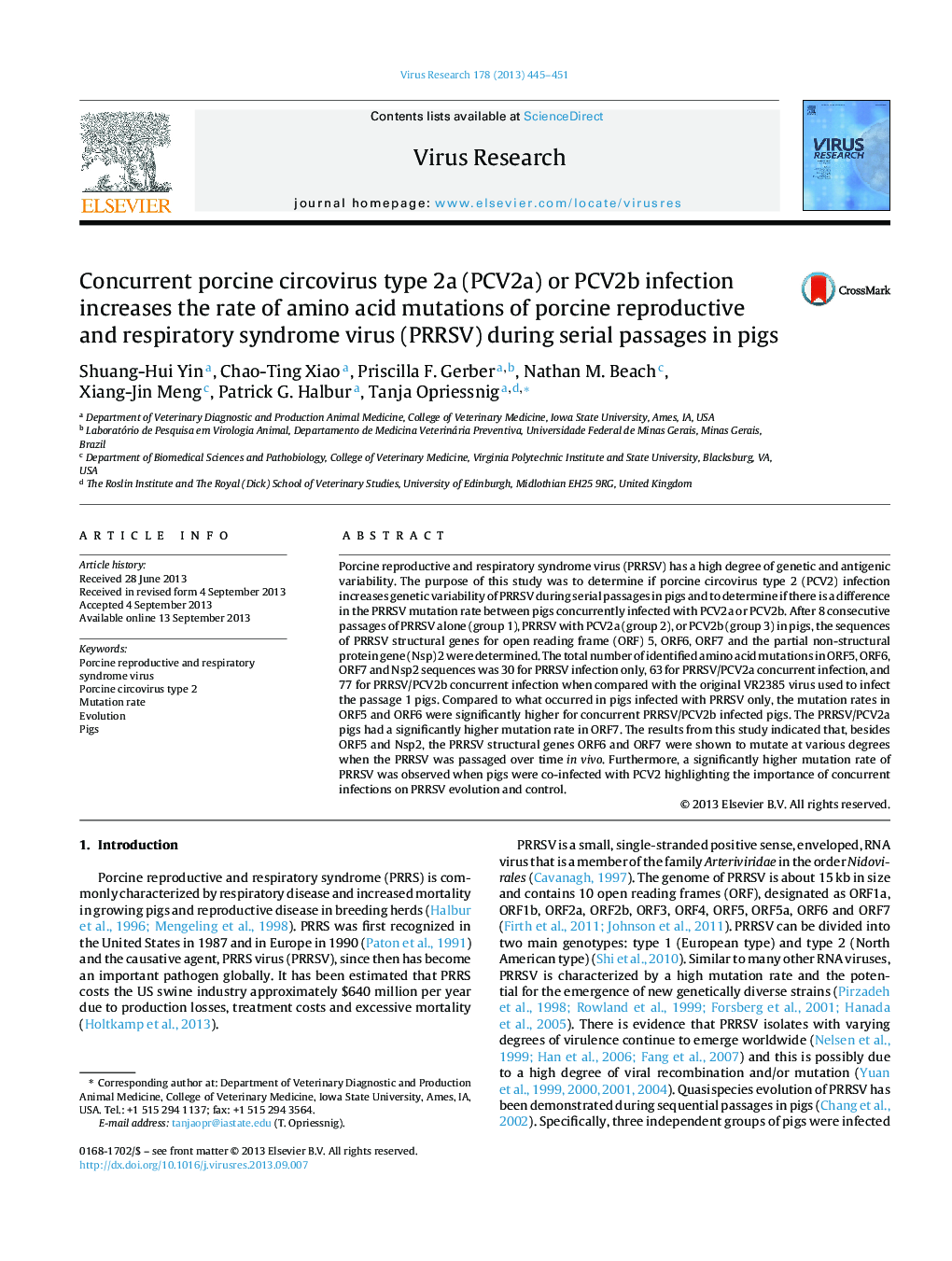 Concurrent porcine circovirus type 2a (PCV2a) or PCV2b infection increases the rate of amino acid mutations of porcine reproductive and respiratory syndrome virus (PRRSV) during serial passages in pigs