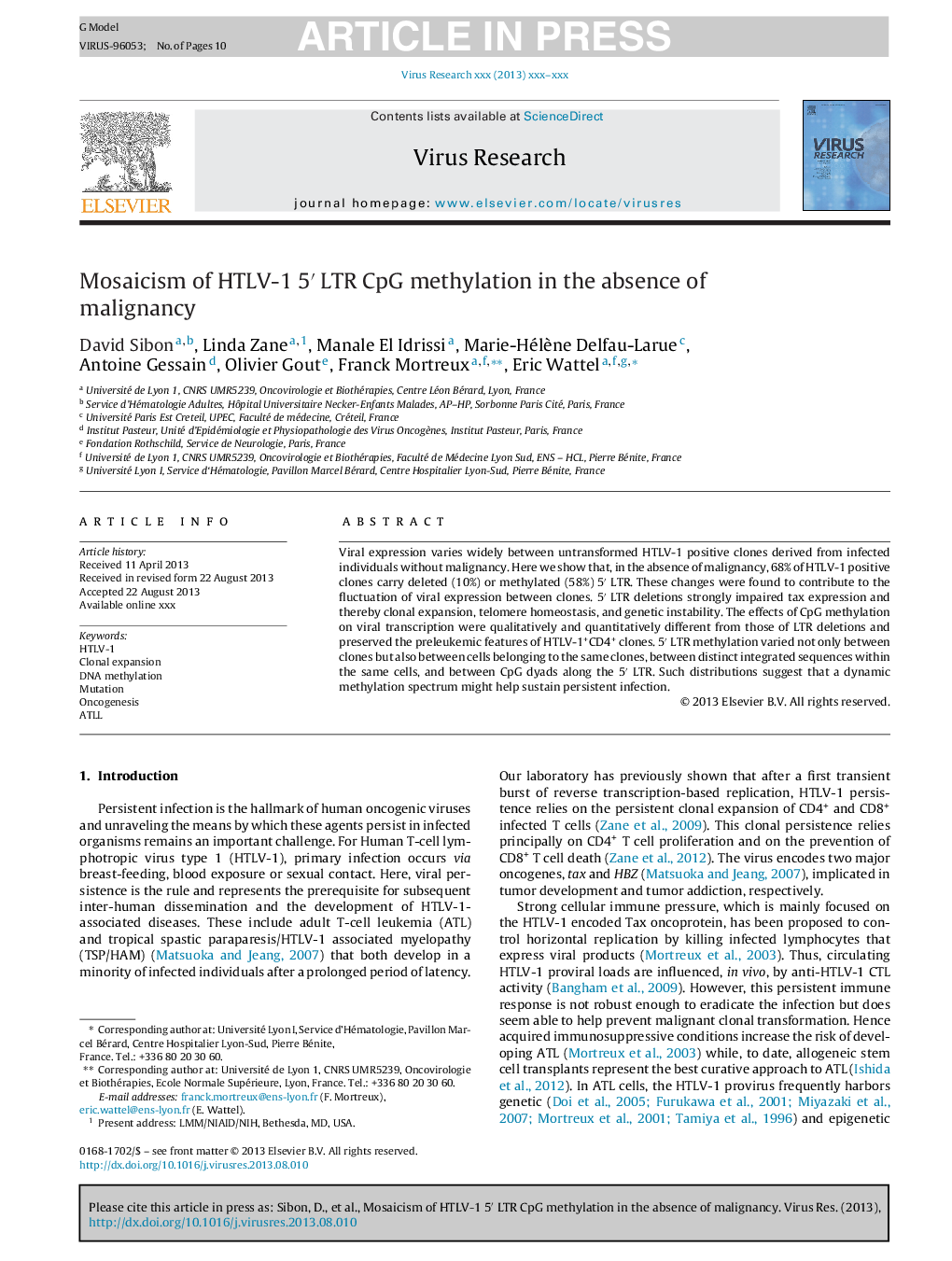 Mosaicism of HTLV-1 5â² LTR CpG methylation in the absence of malignancy