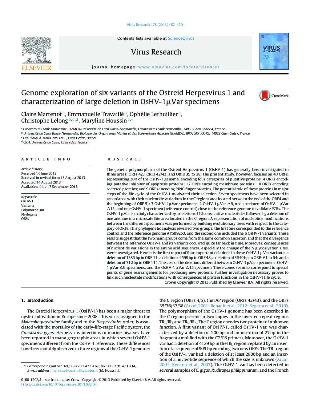 Genome exploration of six variants of the Ostreid Herpesvirus 1 and characterization of large deletion in OsHV-1Î¼Var specimens