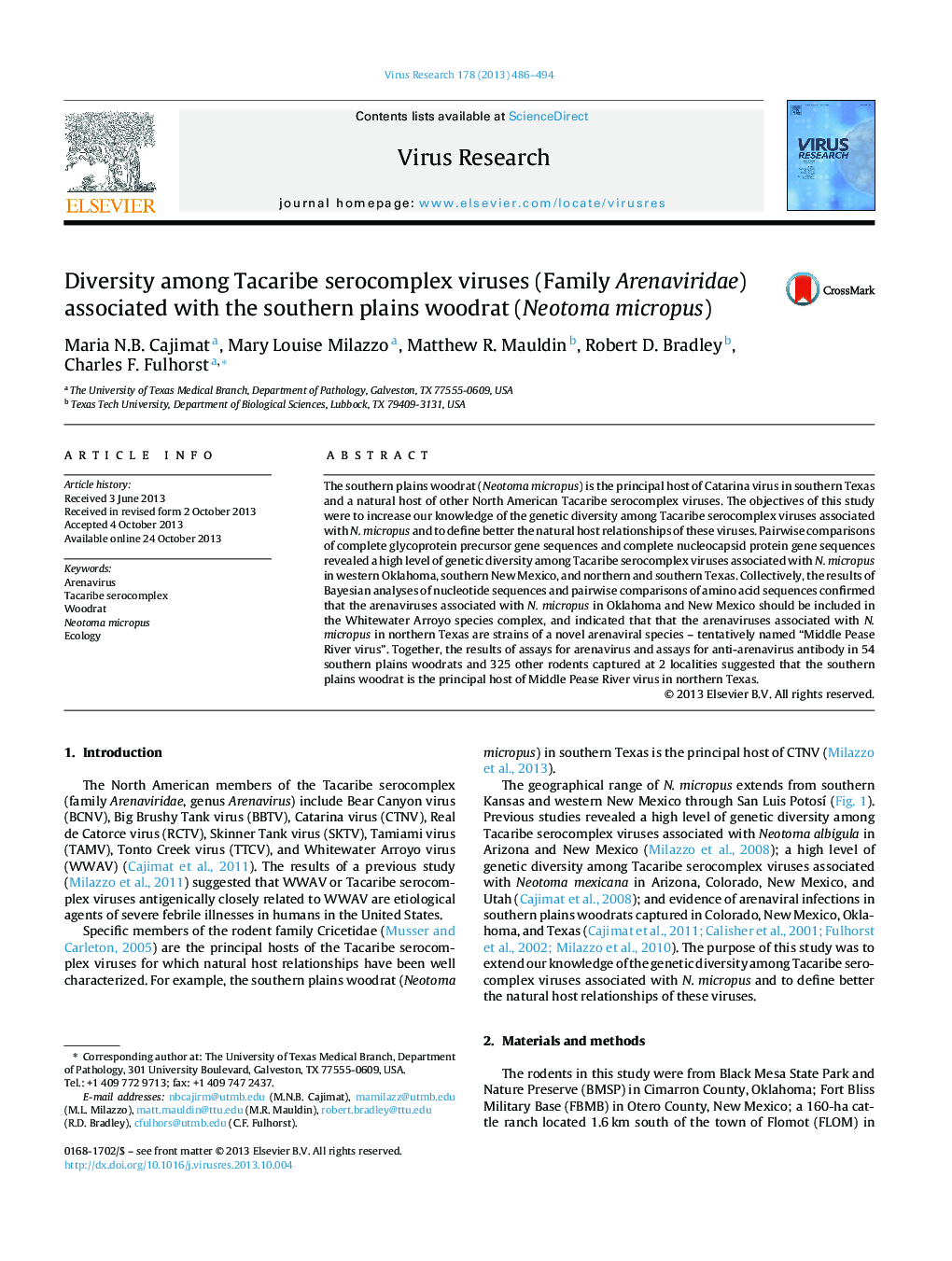 Diversity among Tacaribe serocomplex viruses (Family Arenaviridae) associated with the southern plains woodrat (Neotoma micropus)