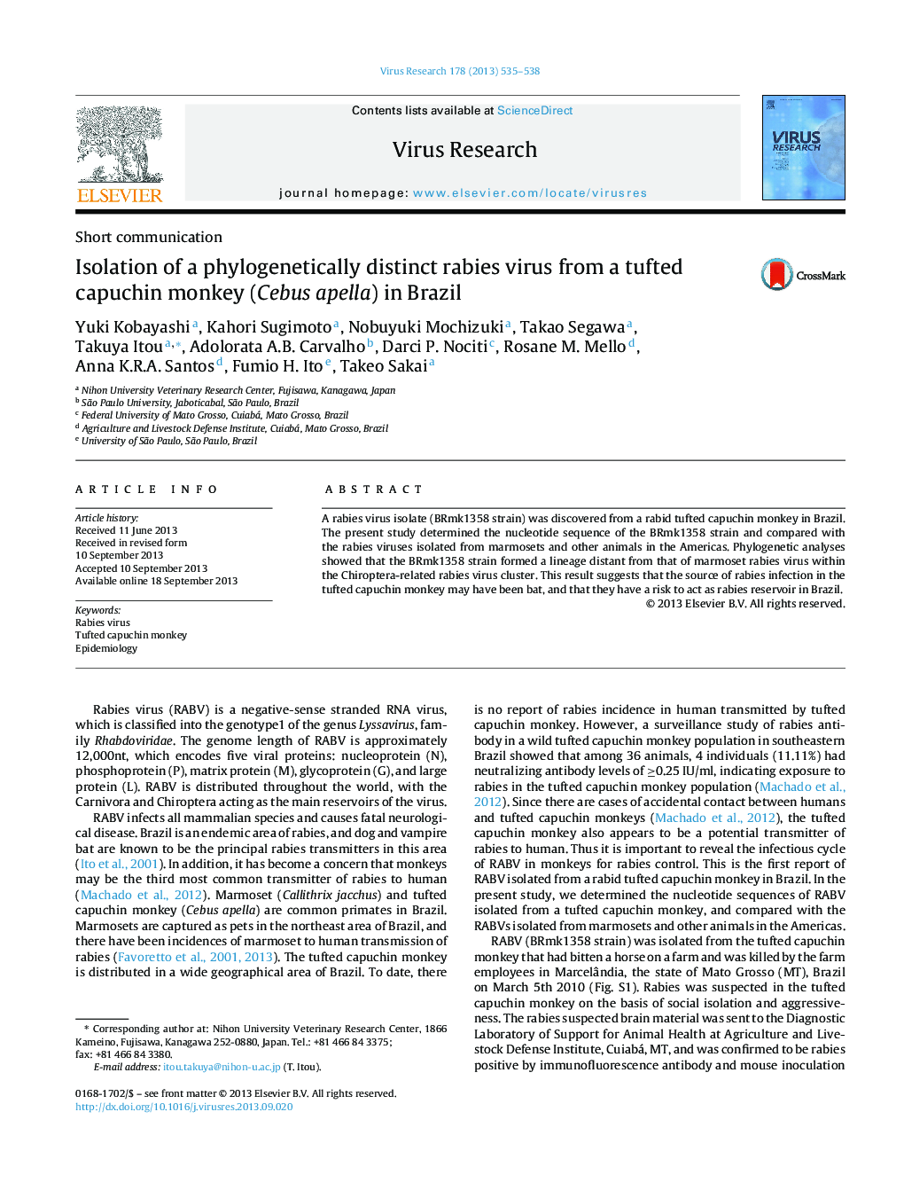 Isolation of a phylogenetically distinct rabies virus from a tufted capuchin monkey (Cebus apella) in Brazil