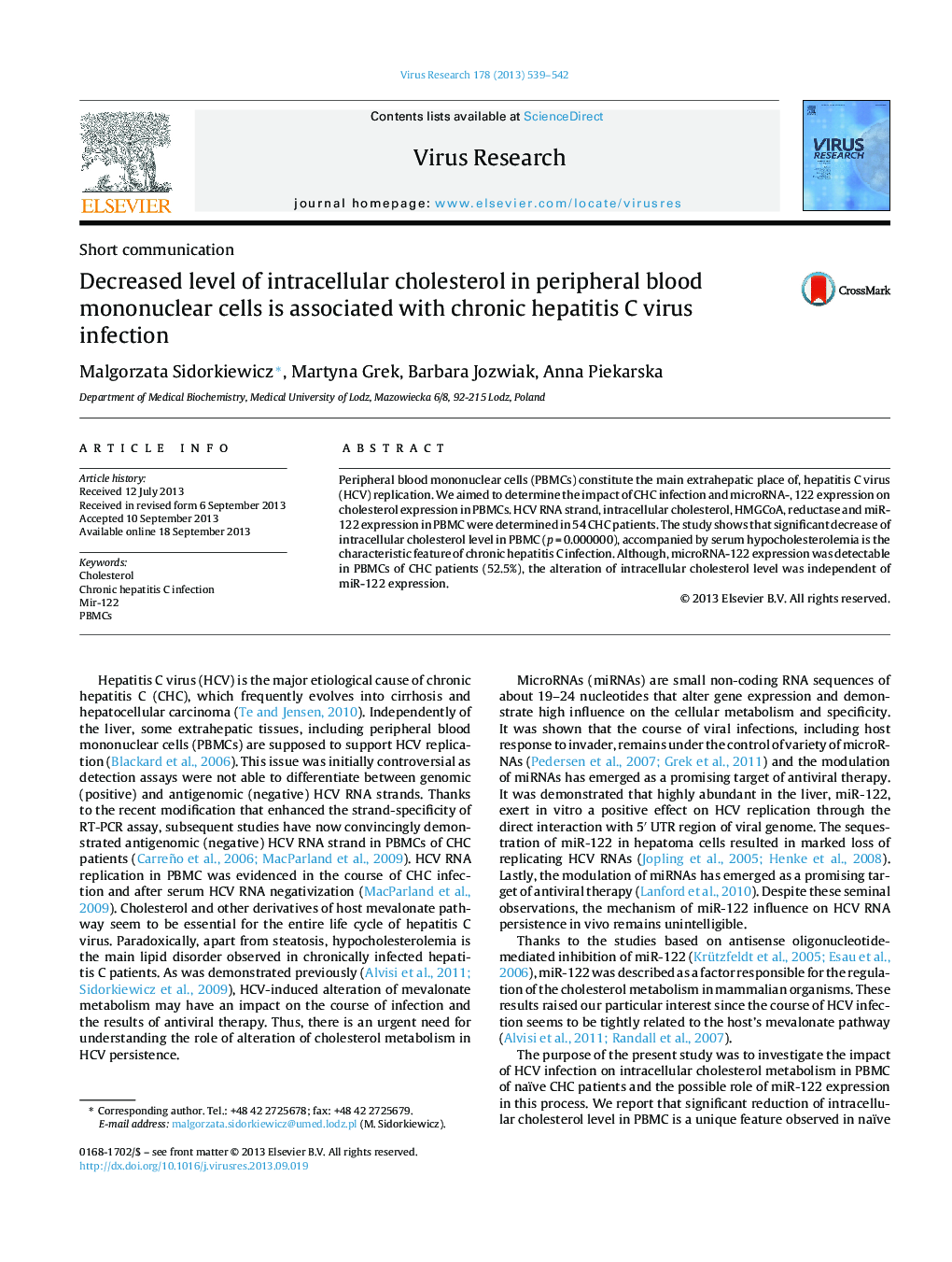 Decreased level of intracellular cholesterol in peripheral blood mononuclear cells is associated with chronic hepatitis C virus infection