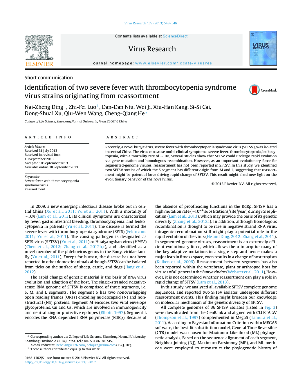 Identification of two severe fever with thrombocytopenia syndrome virus strains originating from reassortment