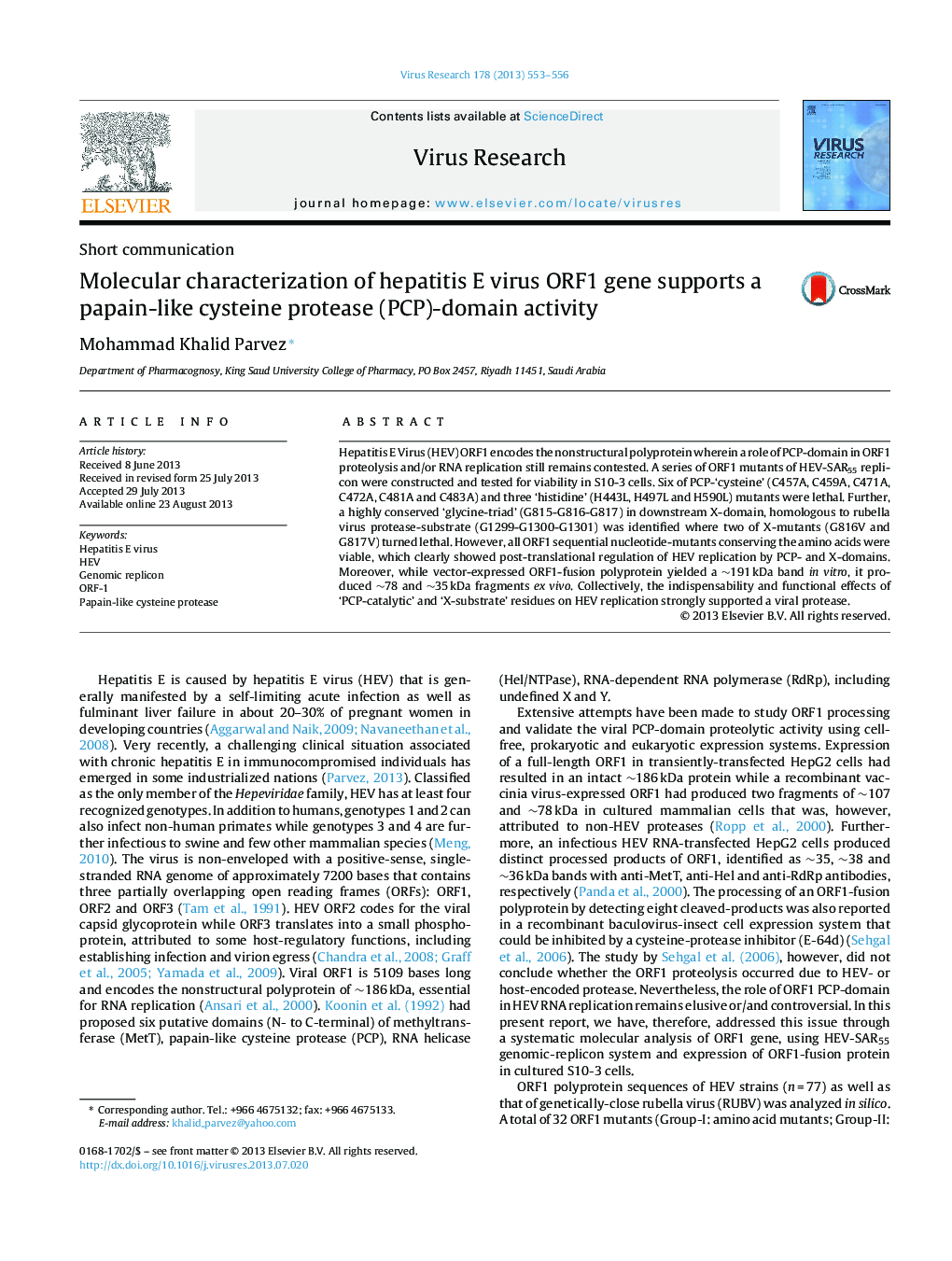 Molecular characterization of hepatitis E virus ORF1 gene supports a papain-like cysteine protease (PCP)-domain activity