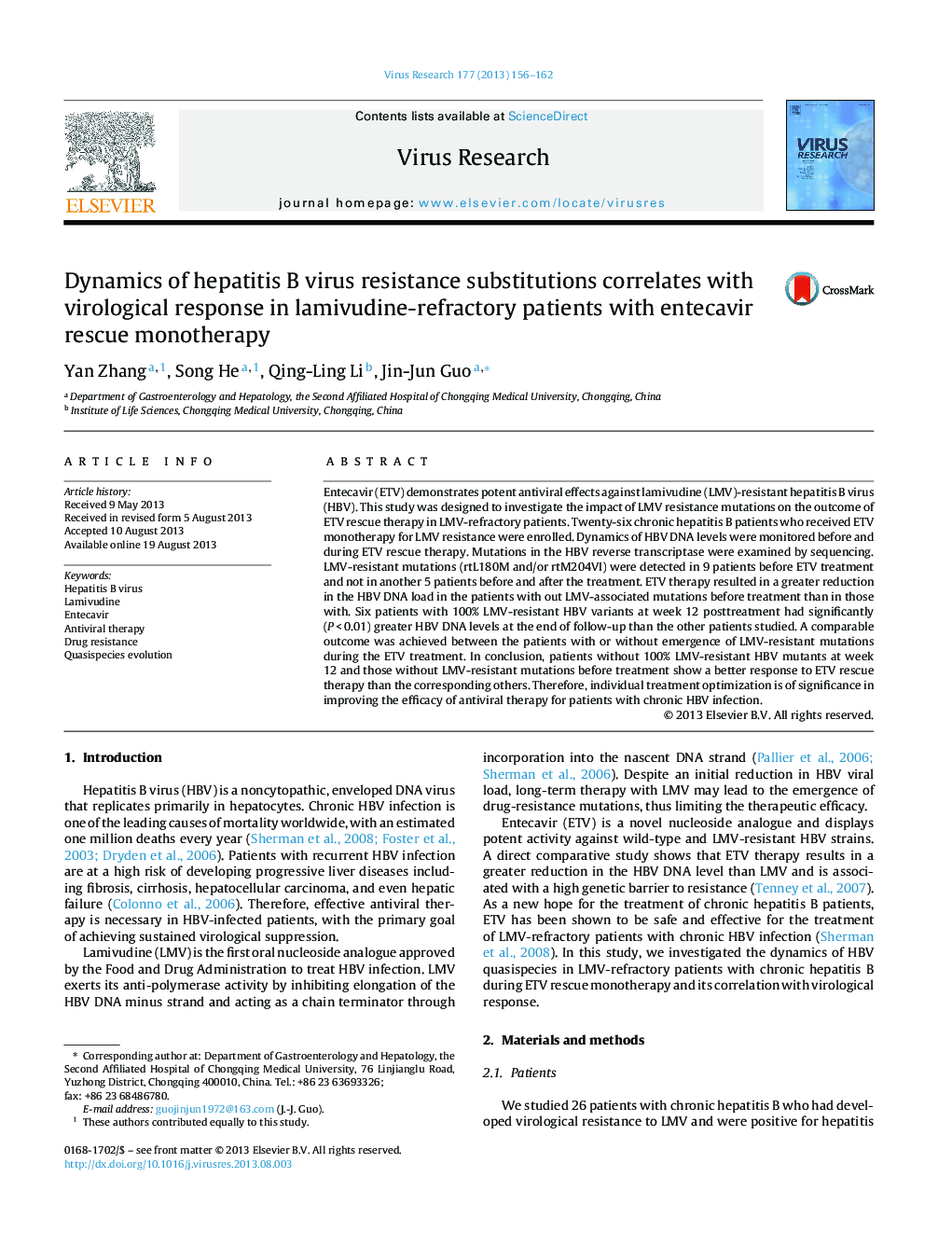 Dynamics of hepatitis B virus resistance substitutions correlates with virological response in lamivudine-refractory patients with entecavir rescue monotherapy