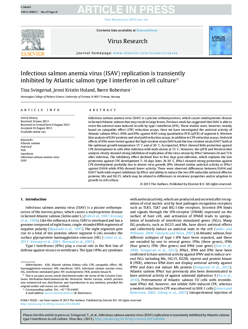 Infectious salmon anemia virus (ISAV) replication is transiently inhibited by Atlantic salmon type I interferon in cell culture