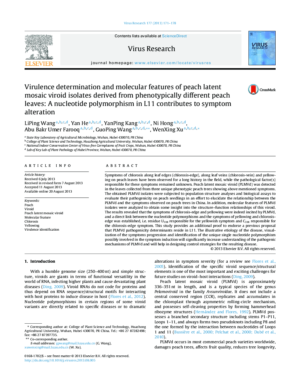 Virulence determination and molecular features of peach latent mosaic viroid isolates derived from phenotypically different peach leaves: A nucleotide polymorphism in L11 contributes to symptom alteration