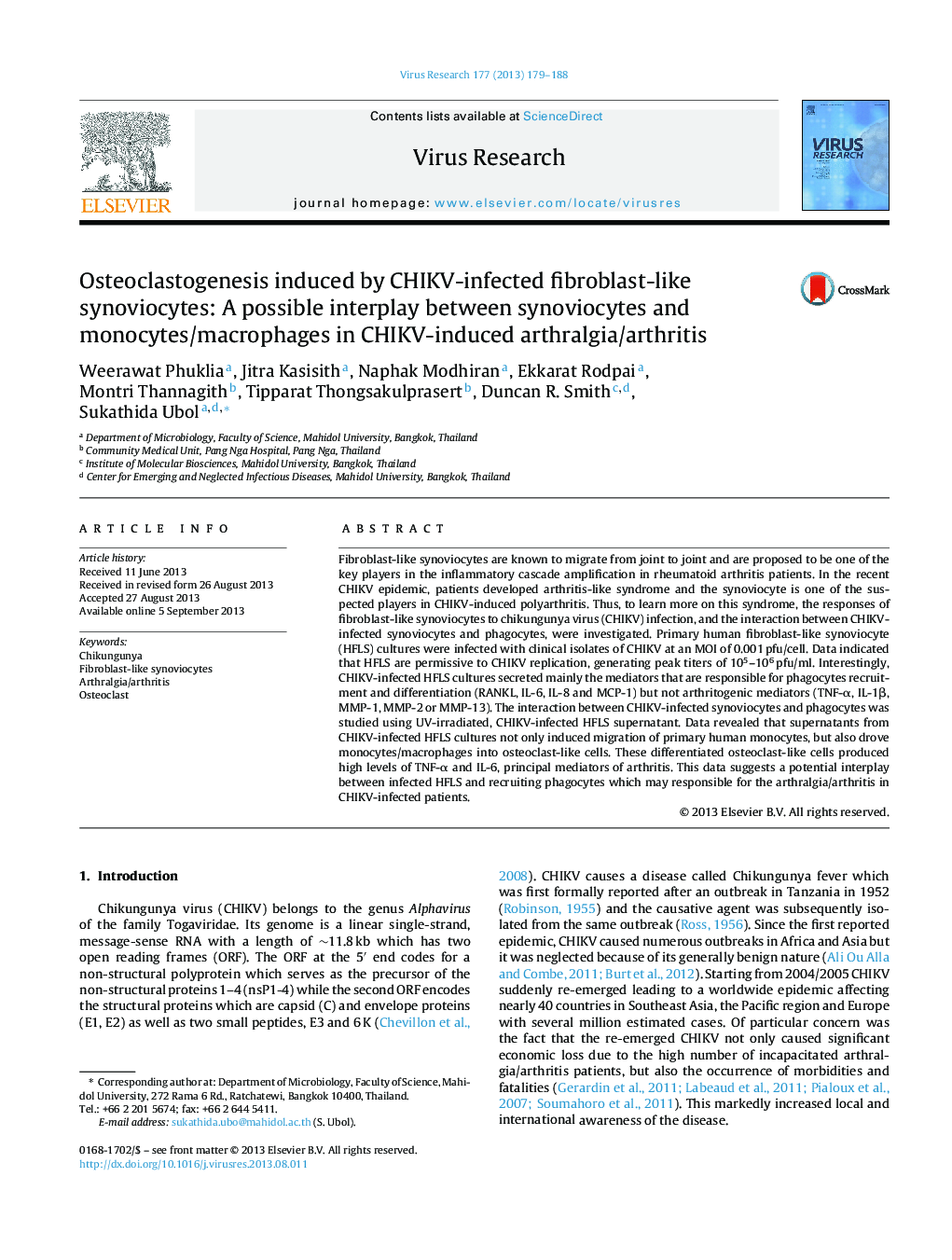 Osteoclastogenesis induced by CHIKV-infected fibroblast-like synoviocytes: A possible interplay between synoviocytes and monocytes/macrophages in CHIKV-induced arthralgia/arthritis