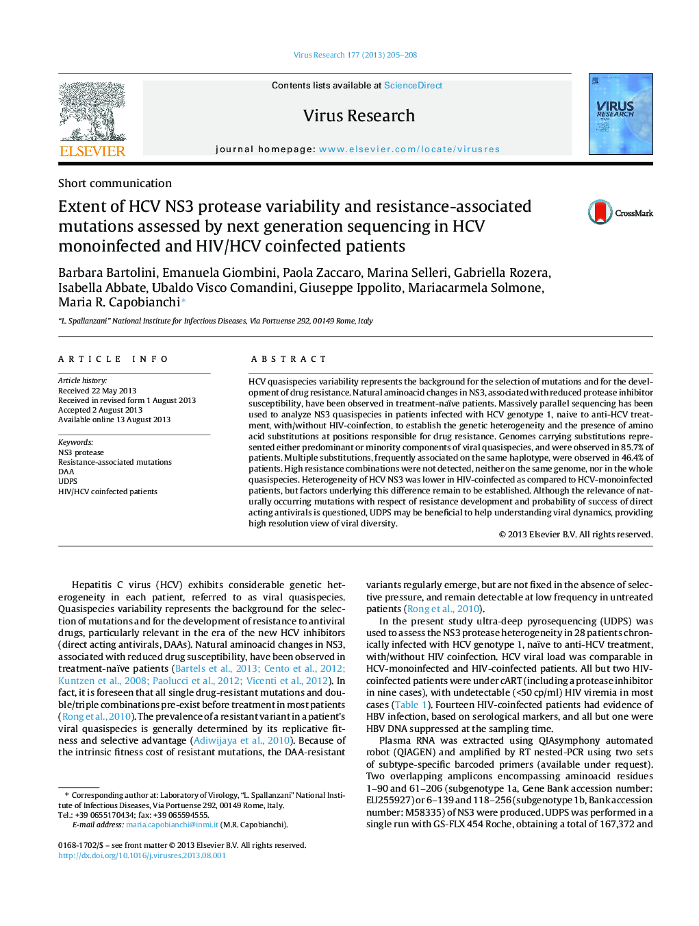 Extent of HCV NS3 protease variability and resistance-associated mutations assessed by next generation sequencing in HCV monoinfected and HIV/HCV coinfected patients