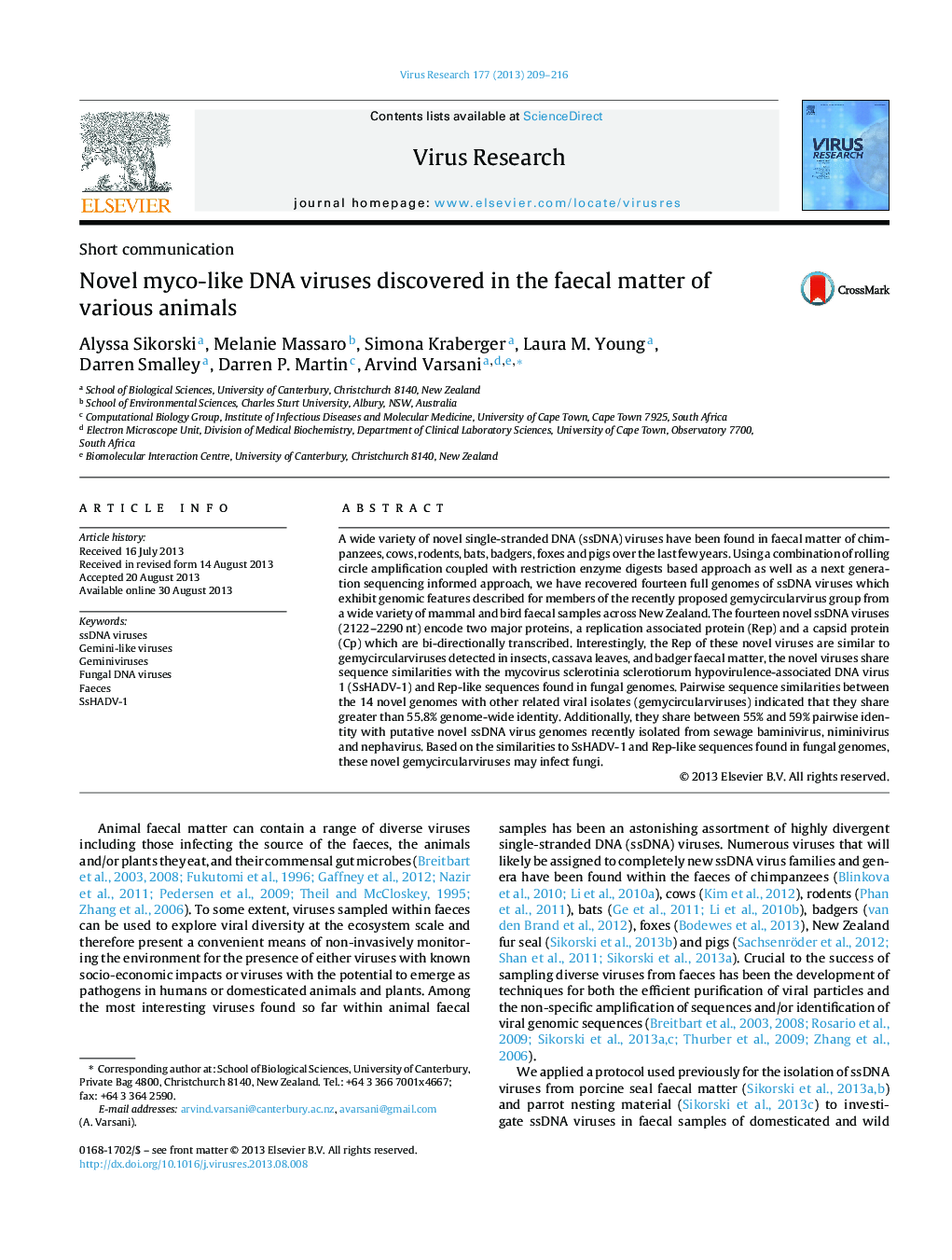 Novel myco-like DNA viruses discovered in the faecal matter of various animals