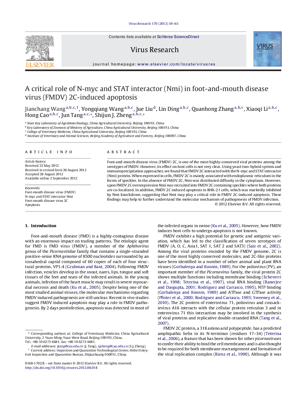 A critical role of N-myc and STAT interactor (Nmi) in foot-and-mouth disease virus (FMDV) 2C-induced apoptosis