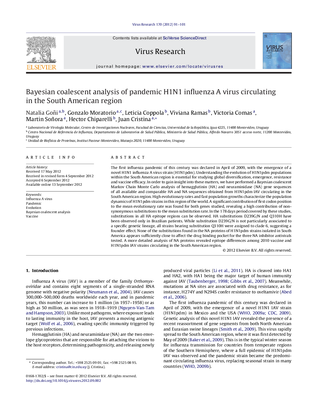 Bayesian coalescent analysis of pandemic H1N1 influenza A virus circulating in the South American region