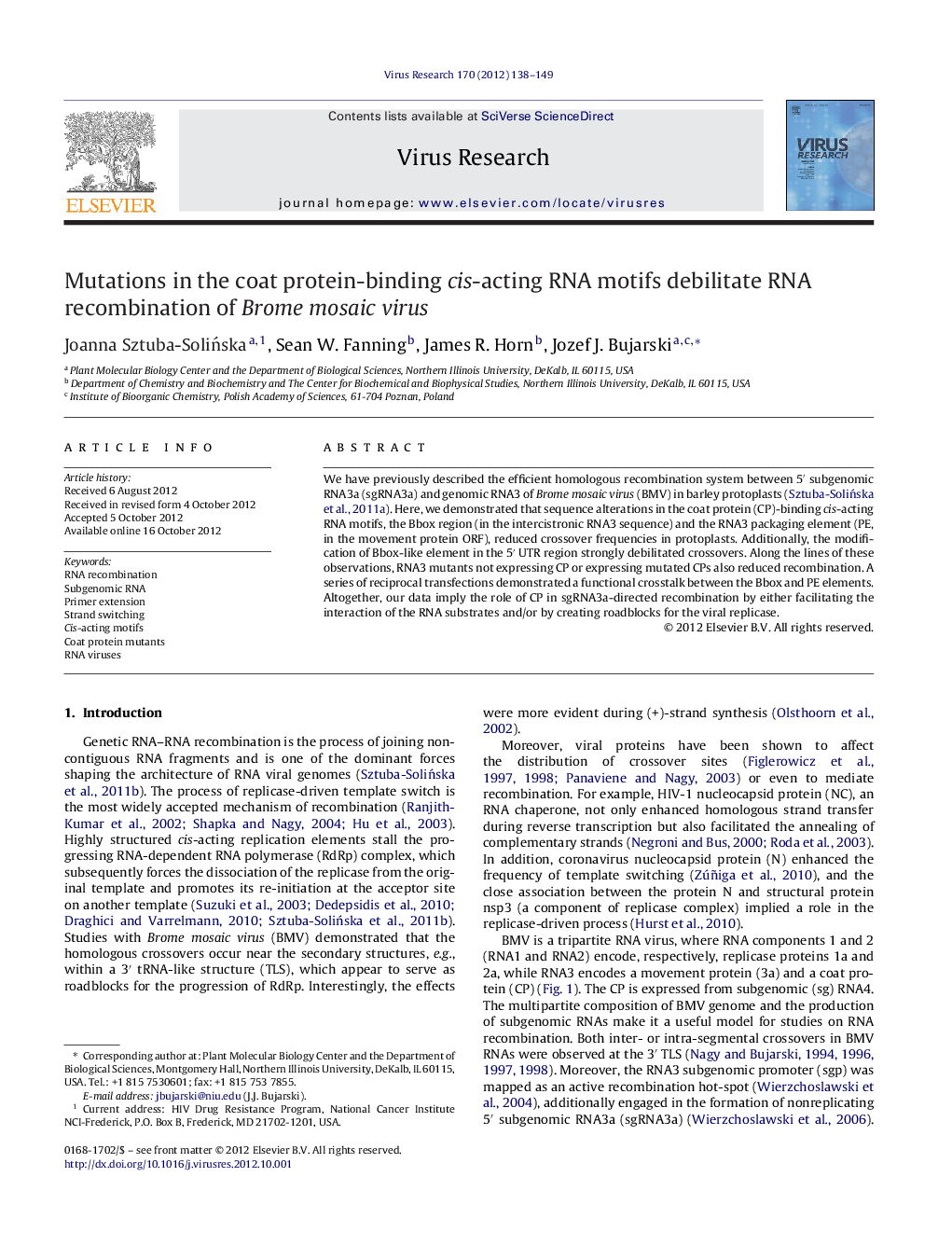 Mutations in the coat protein-binding cis-acting RNA motifs debilitate RNA recombination of Brome mosaic virus