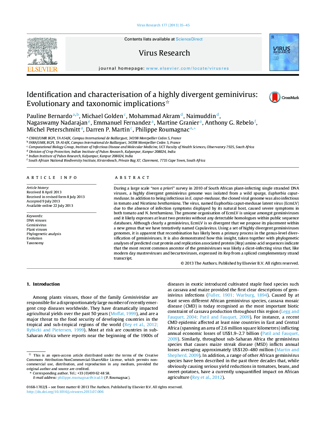 Identification and characterisation of a highly divergent geminivirus: Evolutionary and taxonomic implications