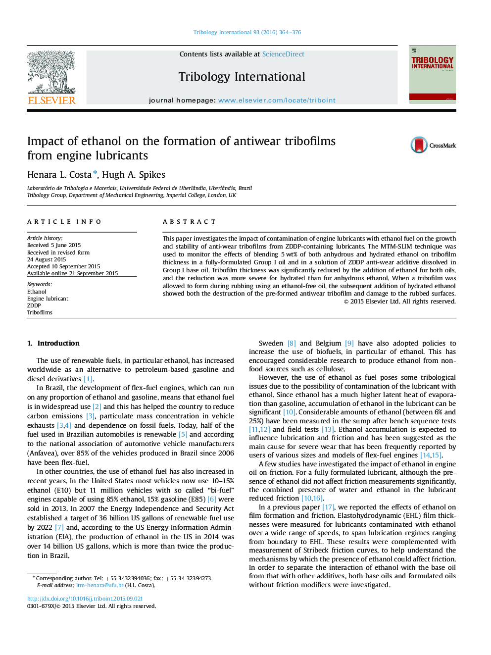 Impact of ethanol on the formation of antiwear tribofilms from engine lubricants