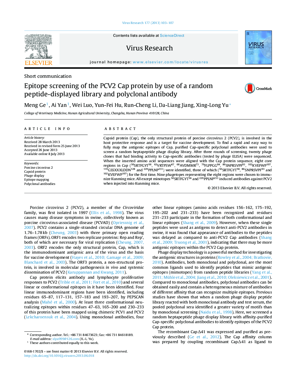 Epitope screening of the PCV2 Cap protein by use of a random peptide-displayed library and polyclonal antibody