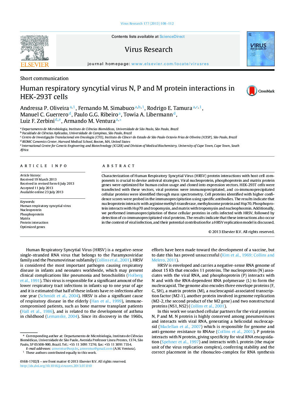 Human respiratory syncytial virus N, P and M protein interactions in HEK-293T cells