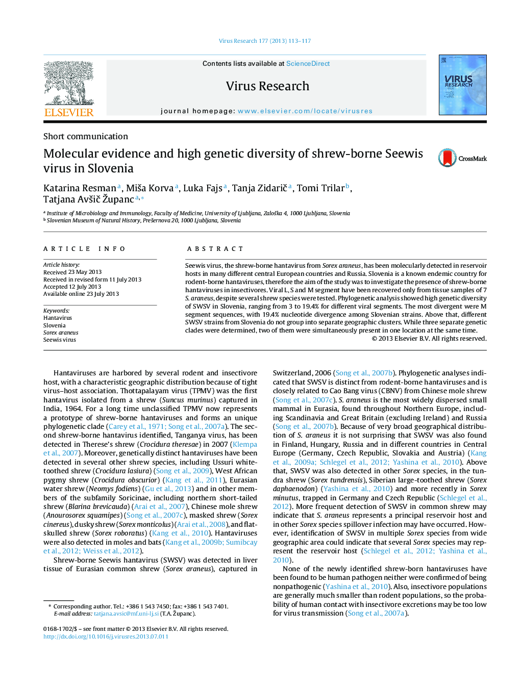 Molecular evidence and high genetic diversity of shrew-borne Seewis virus in Slovenia