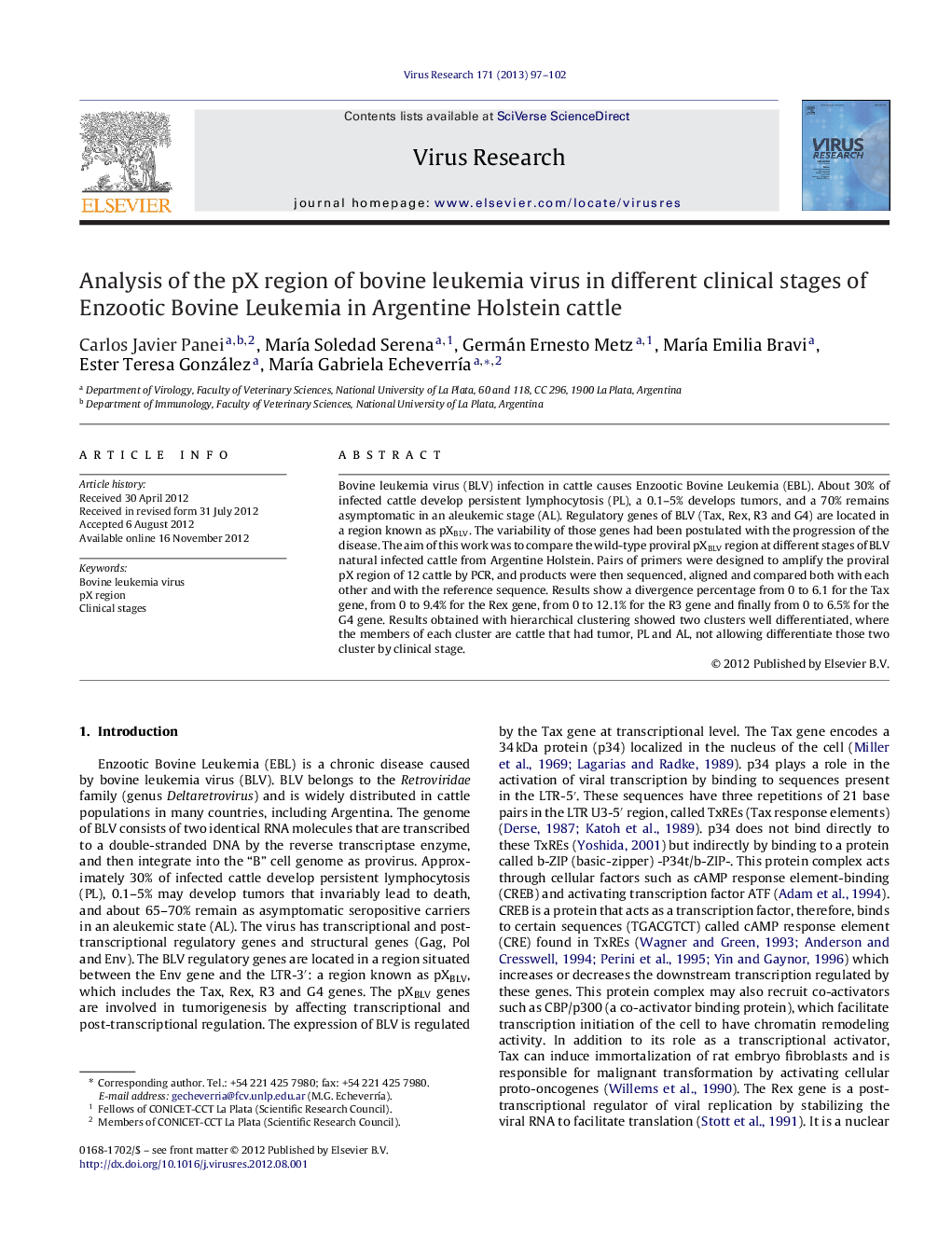 Analysis of the pX region of bovine leukemia virus in different clinical stages of Enzootic Bovine Leukemia in Argentine Holstein cattle