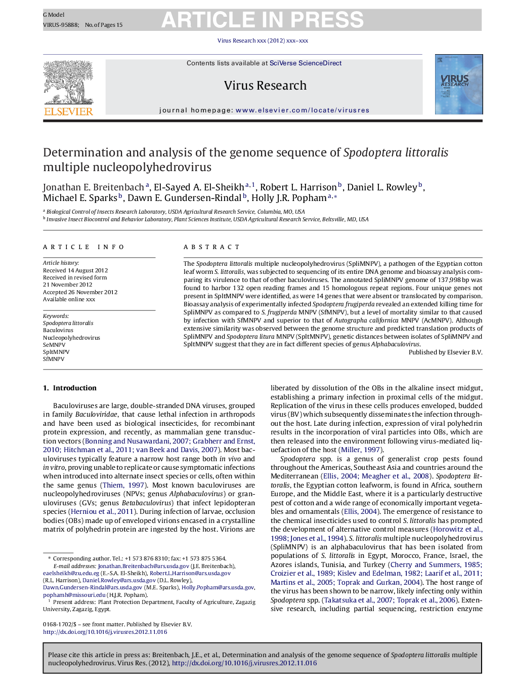 Determination and analysis of the genome sequence of Spodoptera littoralis multiple nucleopolyhedrovirus