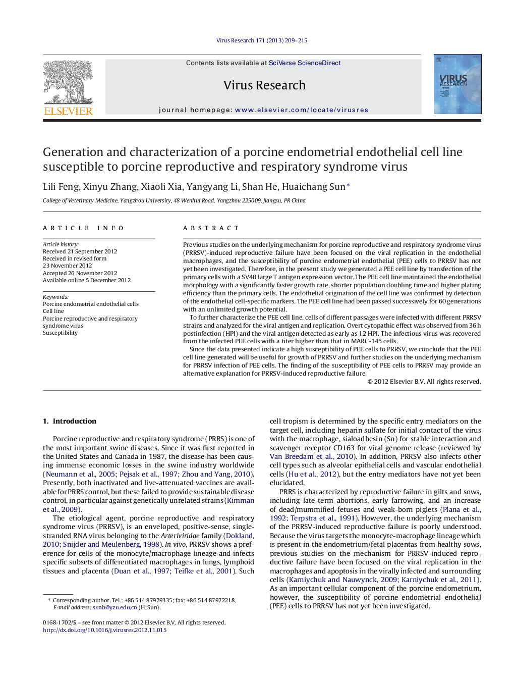 Generation and characterization of a porcine endometrial endothelial cell line susceptible to porcine reproductive and respiratory syndrome virus