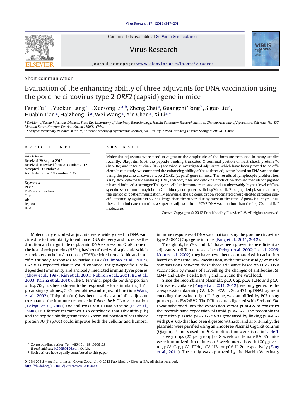 Evaluation of the enhancing ability of three adjuvants for DNA vaccination using the porcine circovirus type 2 ORF2 (capsid) gene in mice