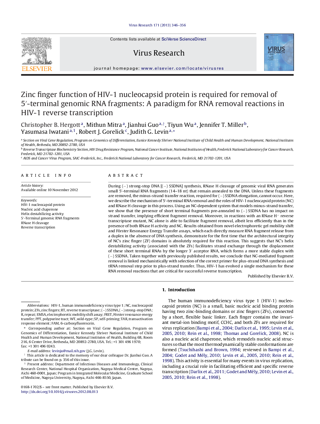 Zinc finger function of HIV-1 nucleocapsid protein is required for removal of 5â²-terminal genomic RNA fragments: A paradigm for RNA removal reactions in HIV-1 reverse transcription