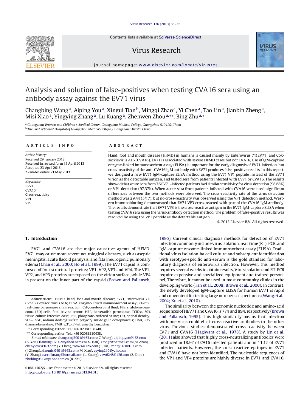 Analysis and solution of false-positives when testing CVA16 sera using an antibody assay against the EV71 virus