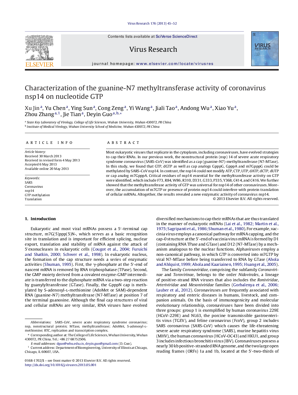 Characterization of the guanine-N7 methyltransferase activity of coronavirus nsp14 on nucleotide GTP