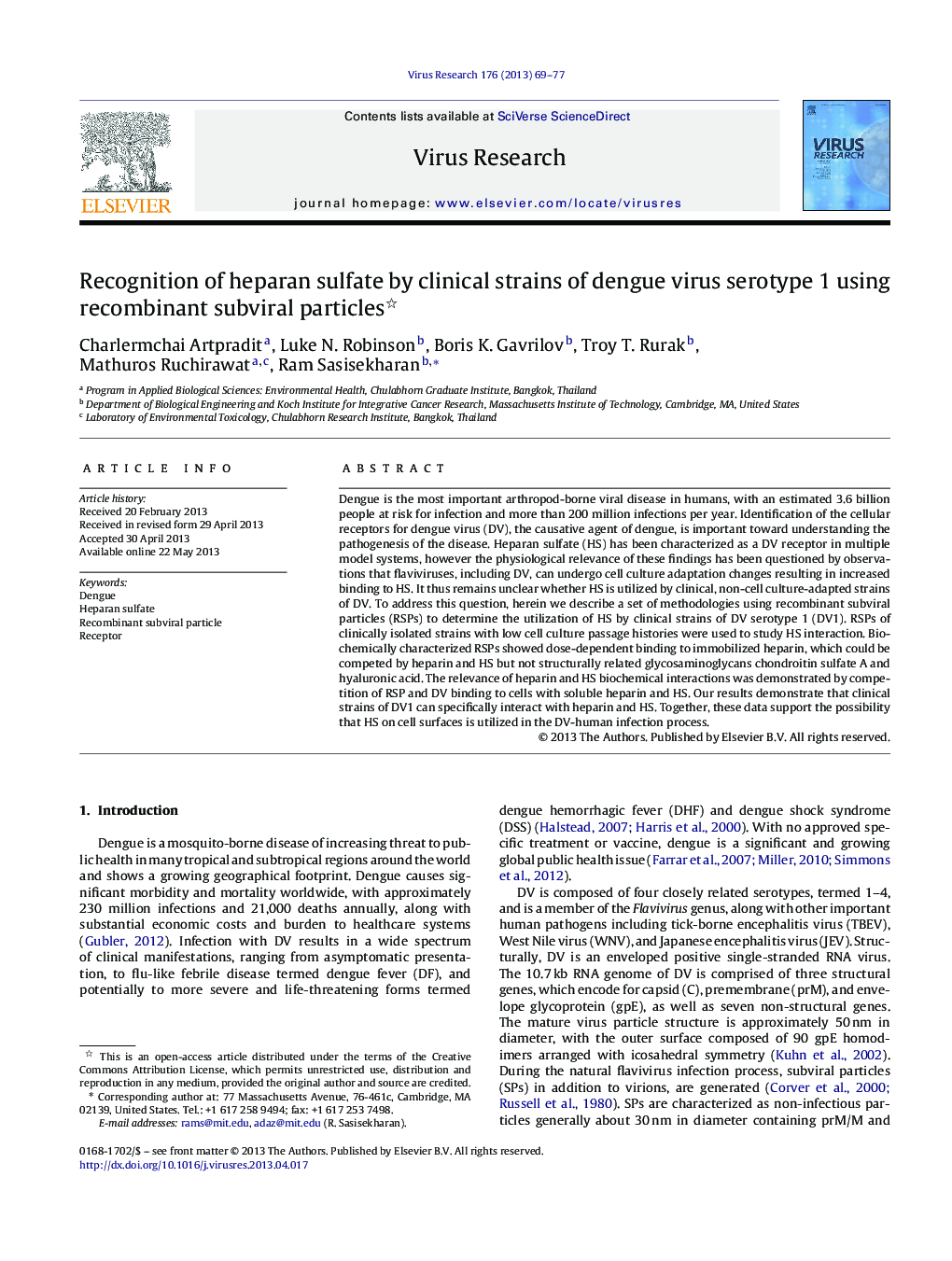 Recognition of heparan sulfate by clinical strains of dengue virus serotype 1 using recombinant subviral particles