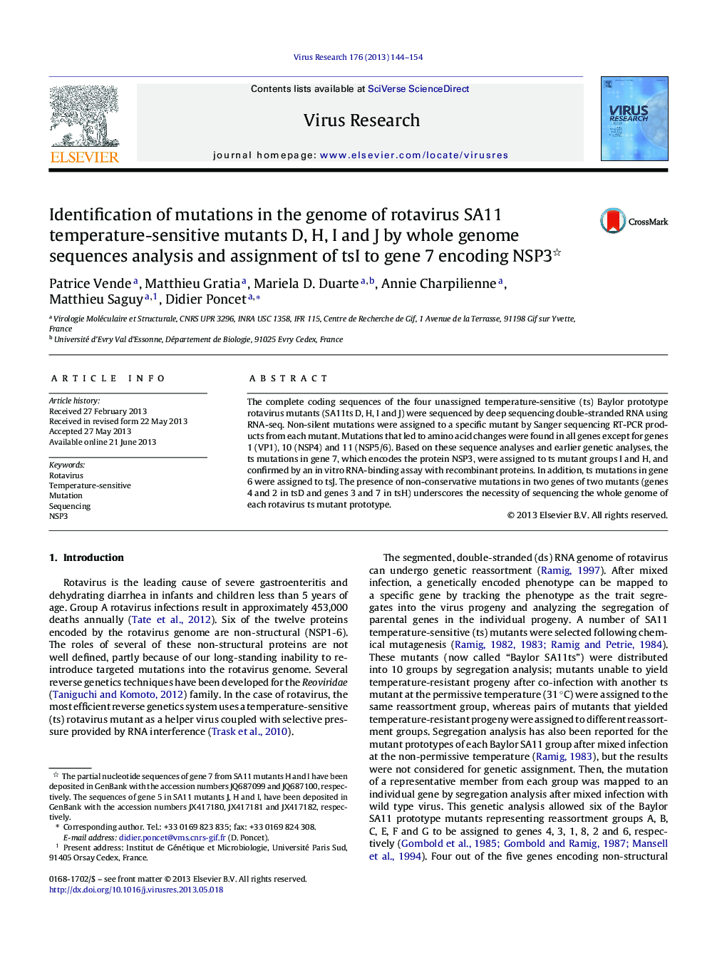 Identification of mutations in the genome of rotavirus SA11 temperature-sensitive mutants D, H, I and J by whole genome sequences analysis and assignment of tsI to gene 7 encoding NSP3