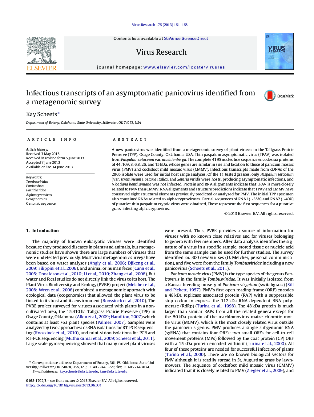 Infectious transcripts of an asymptomatic panicovirus identified from a metagenomic survey