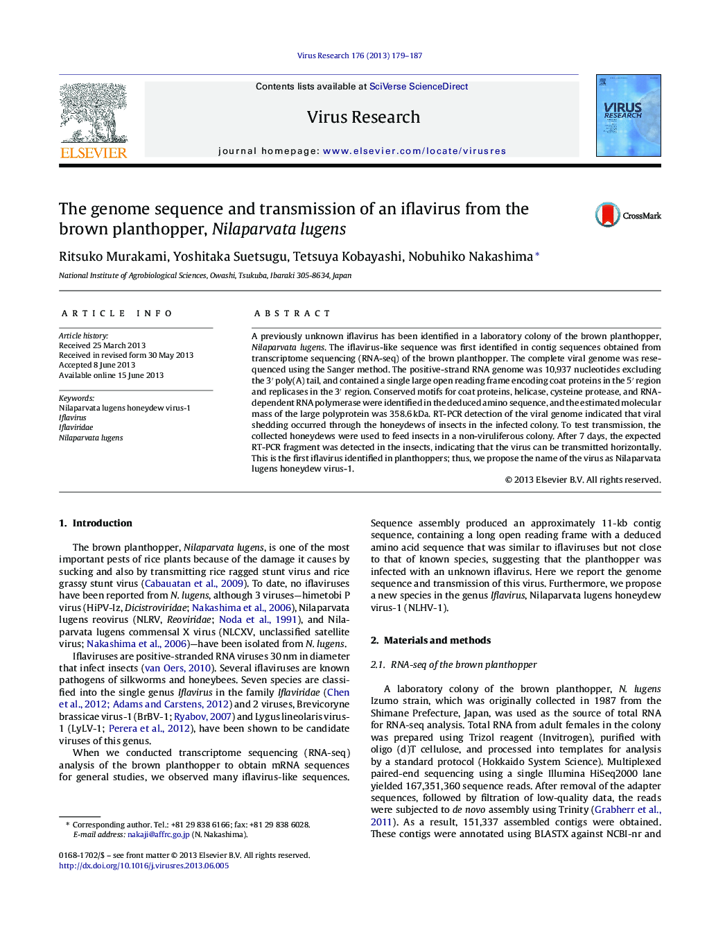 The genome sequence and transmission of an iflavirus from the brown planthopper, Nilaparvata lugens