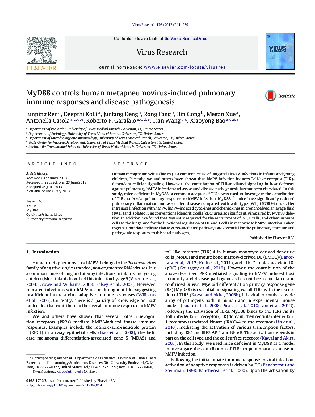 MyD88 controls human metapneumovirus-induced pulmonary immune responses and disease pathogenesis