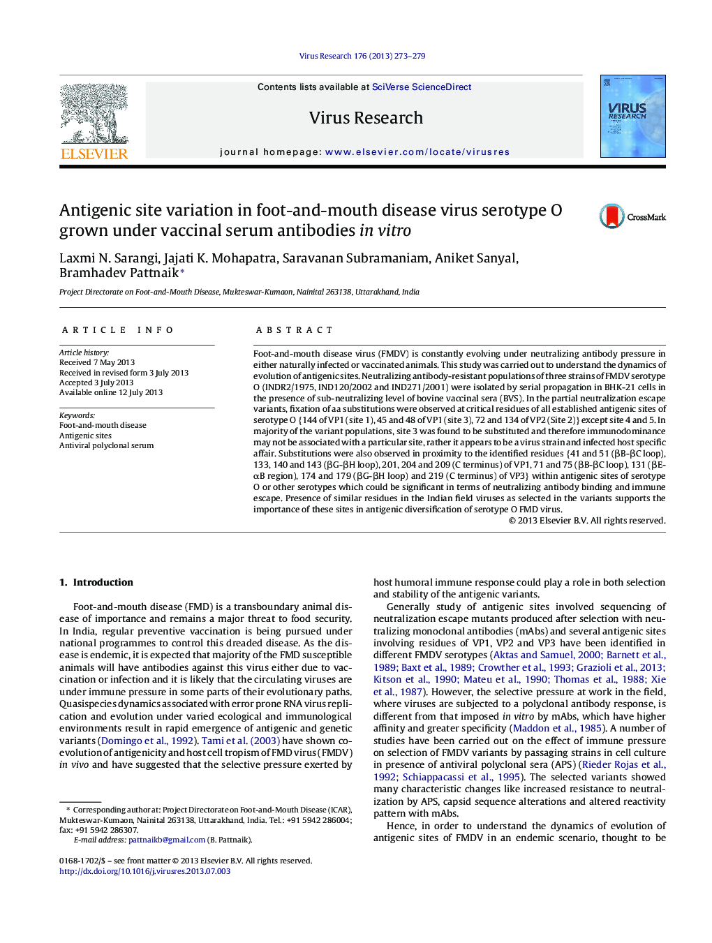 Antigenic site variation in foot-and-mouth disease virus serotype O grown under vaccinal serum antibodies in vitro