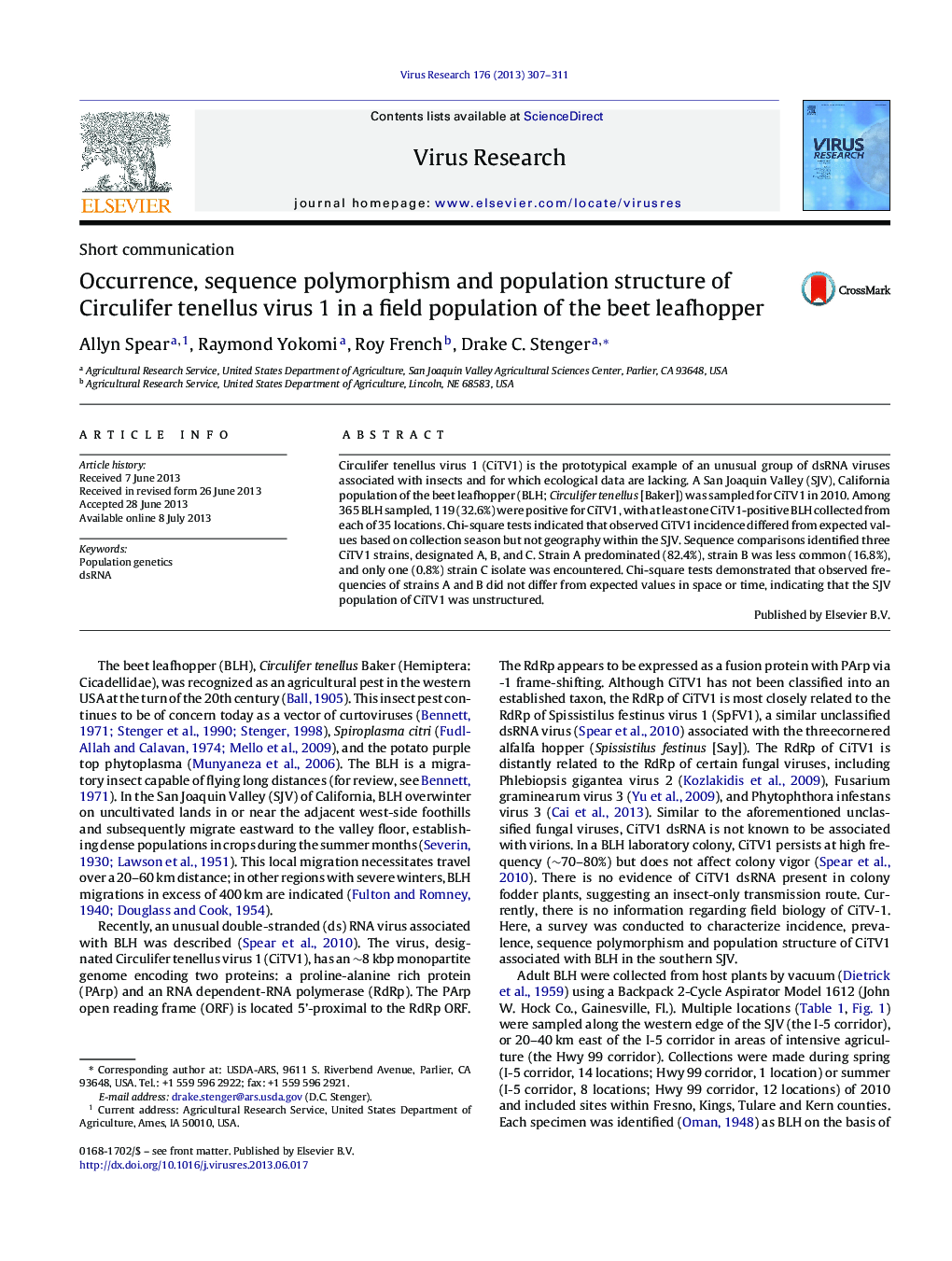 Occurrence, sequence polymorphism and population structure of Circulifer tenellus virus 1 in a field population of the beet leafhopper