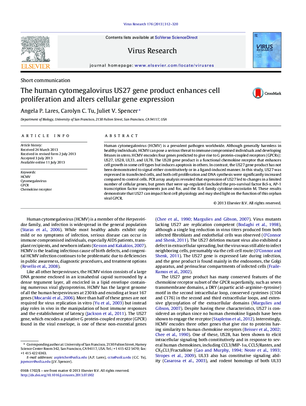 The human cytomegalovirus US27 gene product enhances cell proliferation and alters cellular gene expression