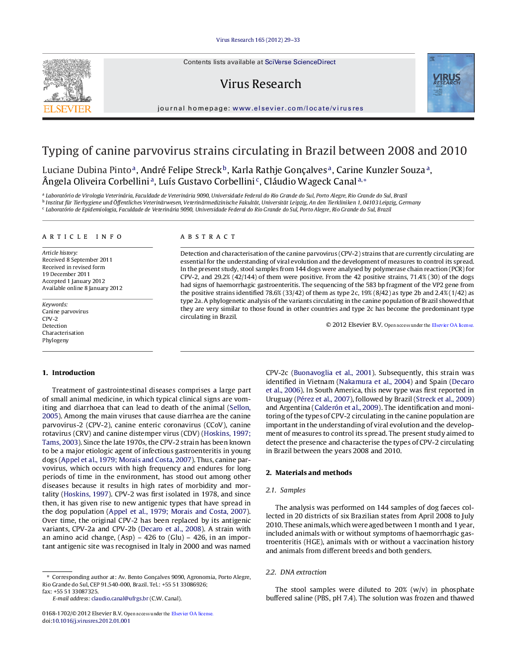 Typing of canine parvovirus strains circulating in Brazil between 2008 and 2010