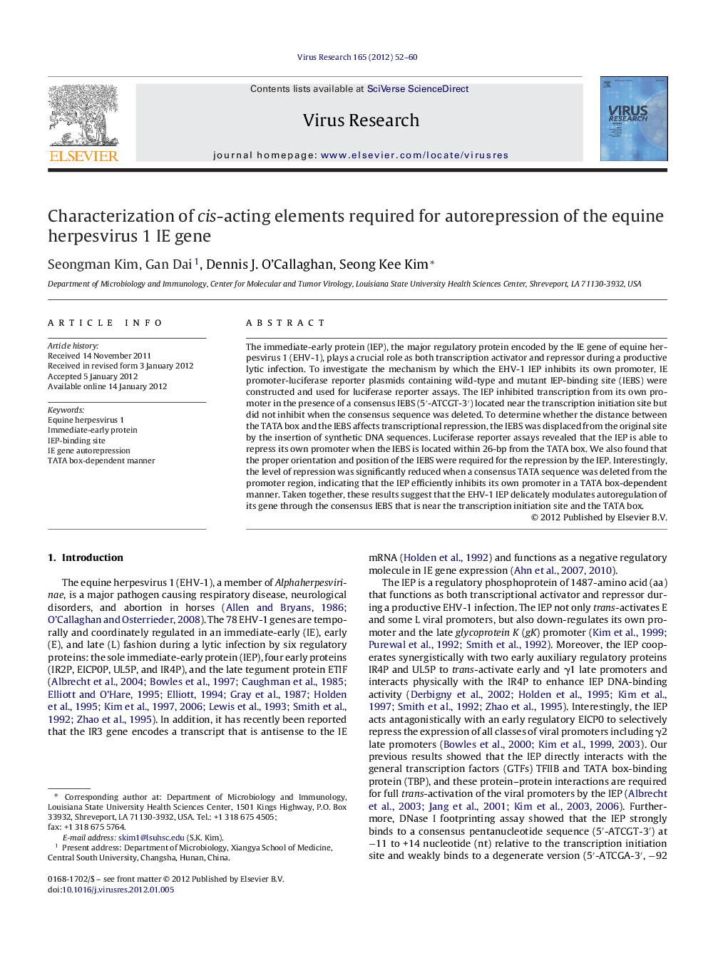 Characterization of cis-acting elements required for autorepression of the equine herpesvirus 1 IE gene