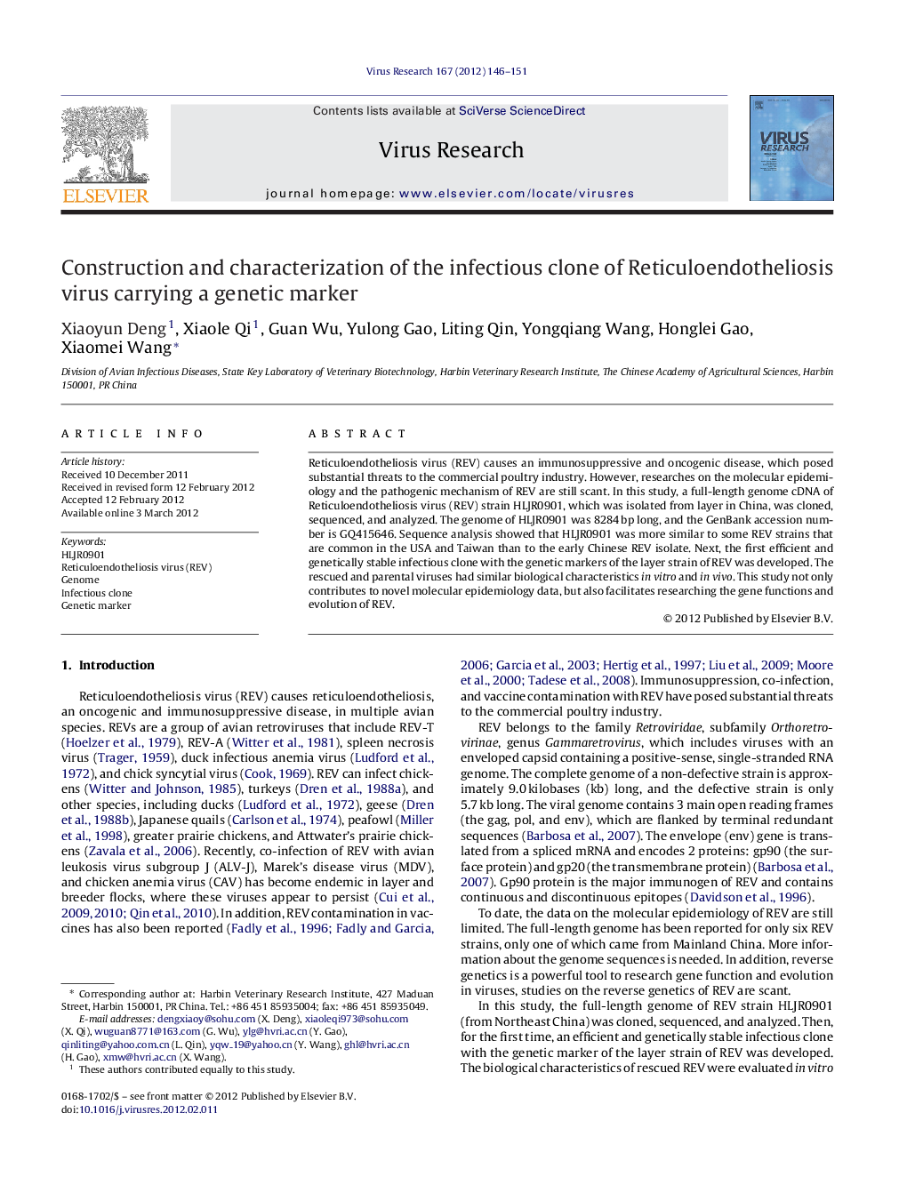 Construction and characterization of the infectious clone of Reticuloendotheliosis virus carrying a genetic marker