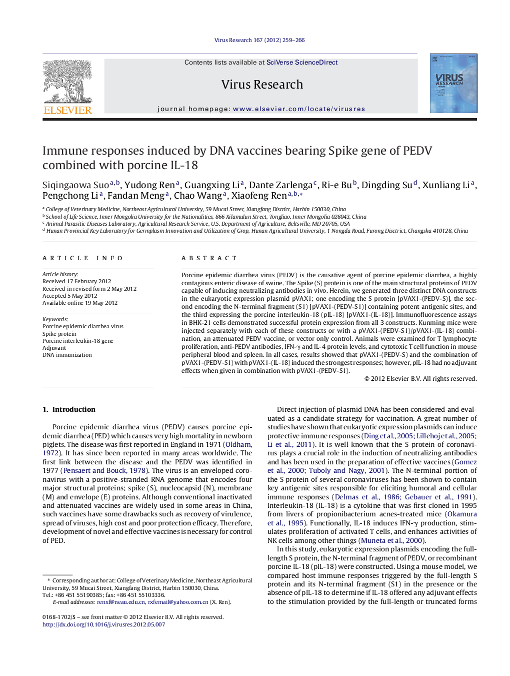 Immune responses induced by DNA vaccines bearing Spike gene of PEDV combined with porcine IL-18